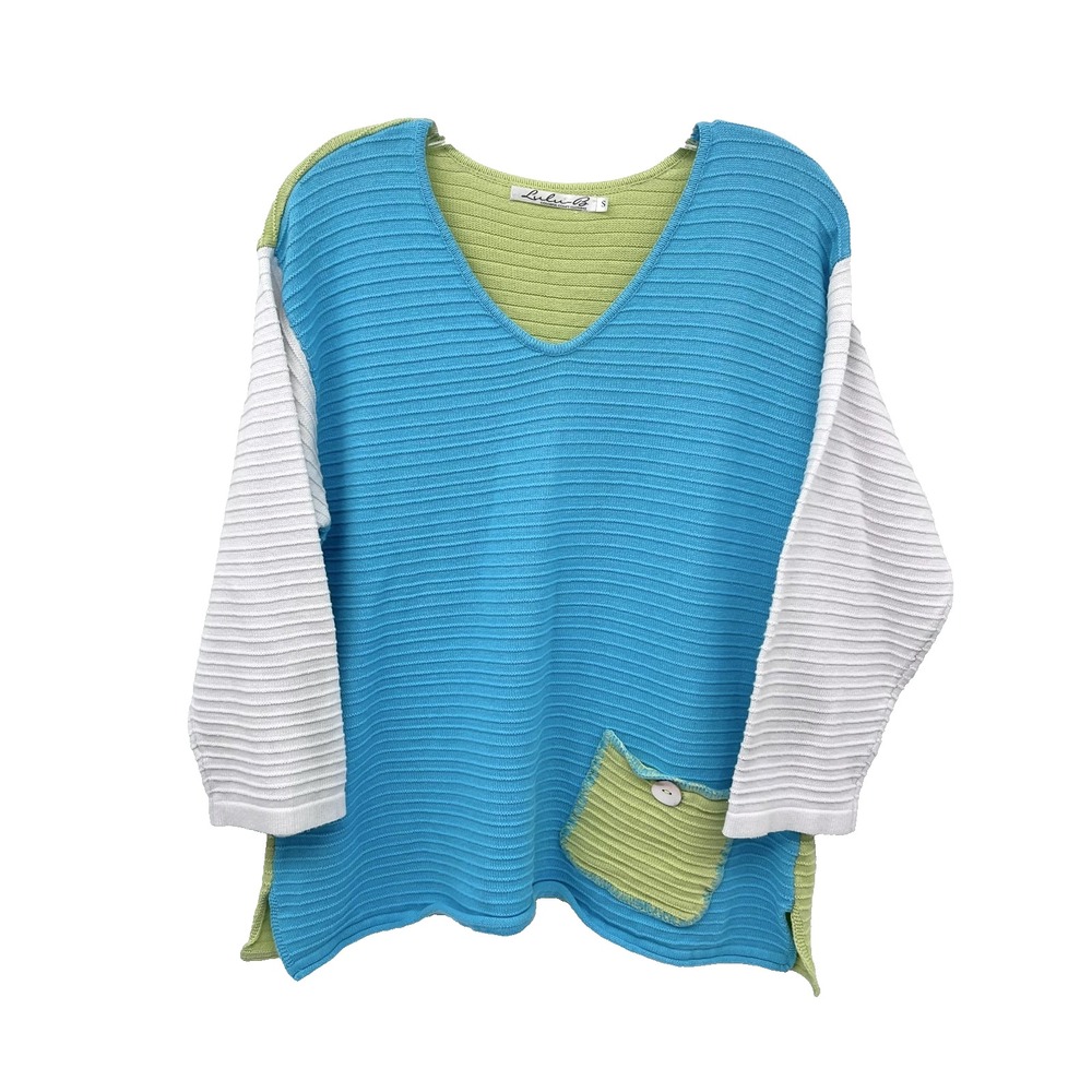 LULU-B Women's Sz S Turquoise/Lime/White 3/4-Sleeve V-Neck Ribbed Sweater Pocket